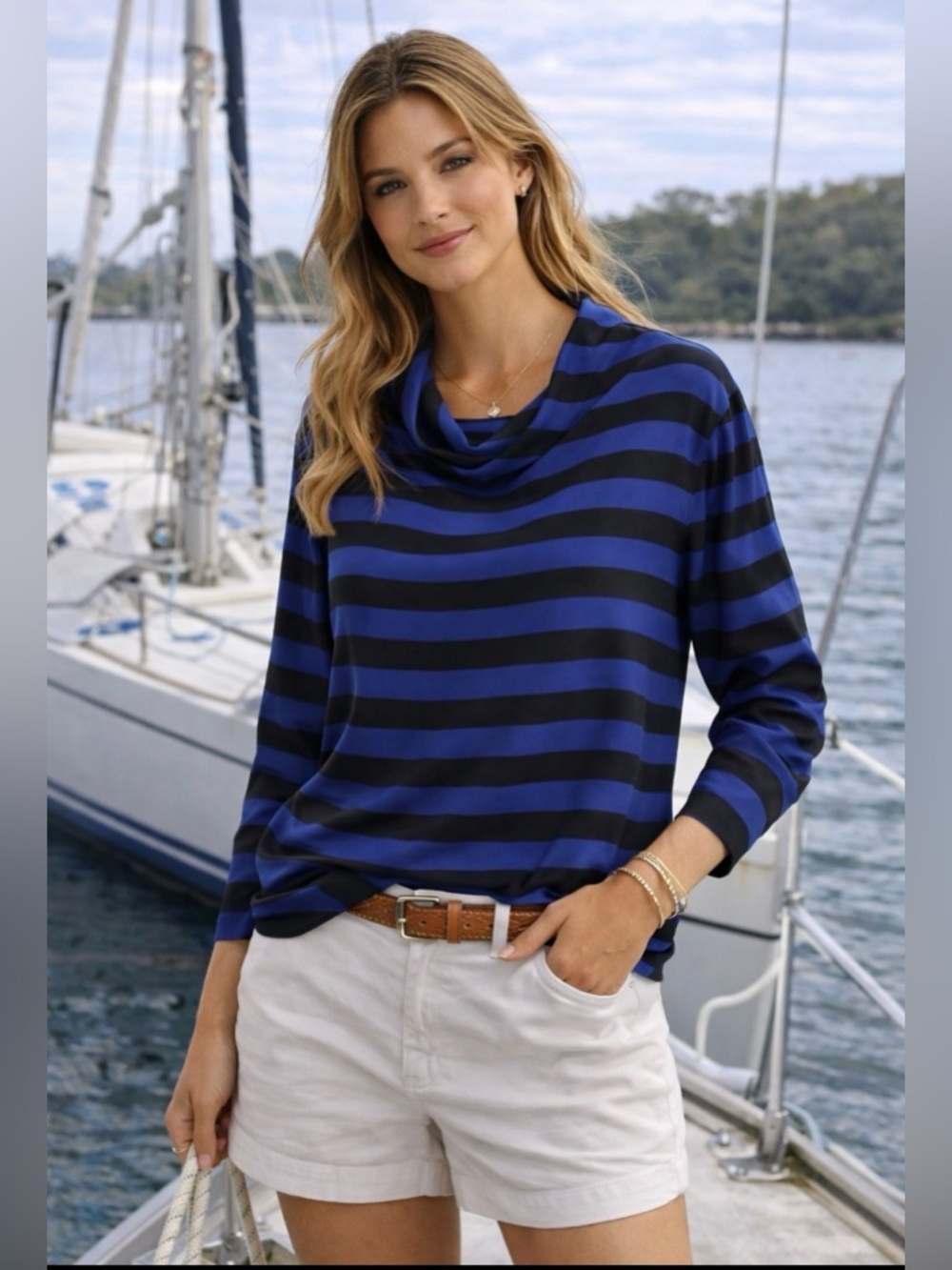 Chico’s Black Label Blue Black Stripe Blouse Top Zip Back Size 2 S M Coastal‎